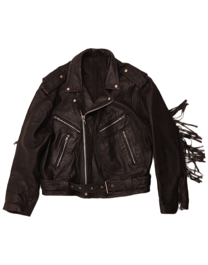 VINTAGE Womens Leather Biker Jacket UK 14 Medium Black Leather