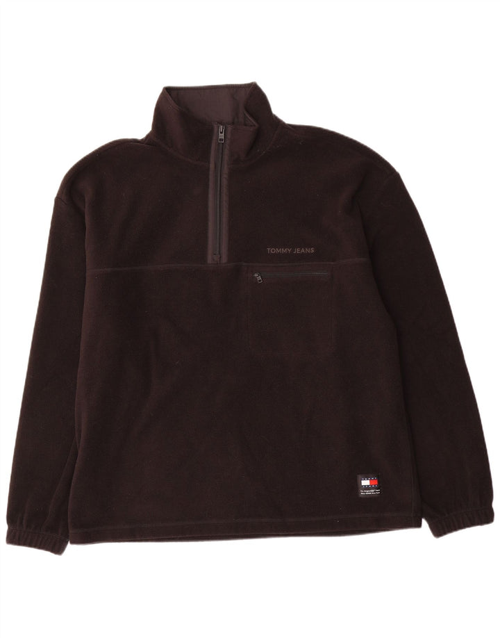 TOMMY HILFIGER Mens Zip Neck Fleece Jumper XL Black Polyester