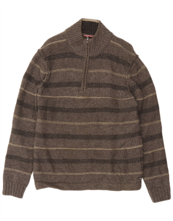 White Stuff Mens Zip Neck Jumper Sweater Large Grey Striped Lambswool