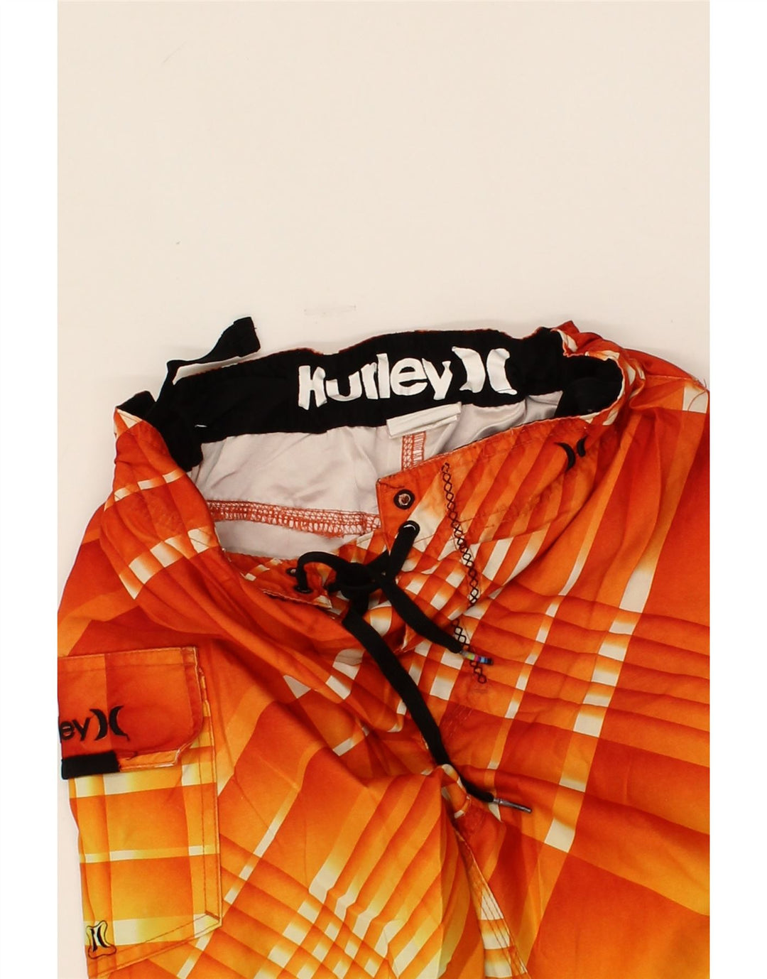 HURLEY Boys Graphic Swimming Shorts 7-8 Years Orange Check Polyester Vintage Hurley and Second-Hand Hurley from Messina Hembry 