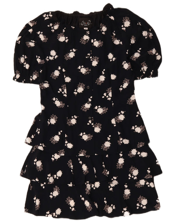 VINTAGE Womens Peplum Dress EU 38 Medium Navy Blue Floral Viscose