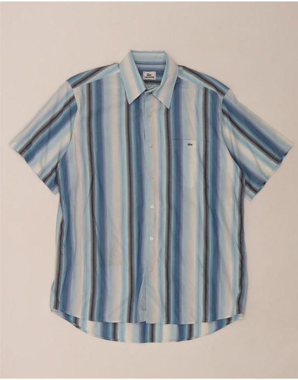 Lacoste Mens Short Sleeve Shirt Size 42 Large Blue Striped Cotton
