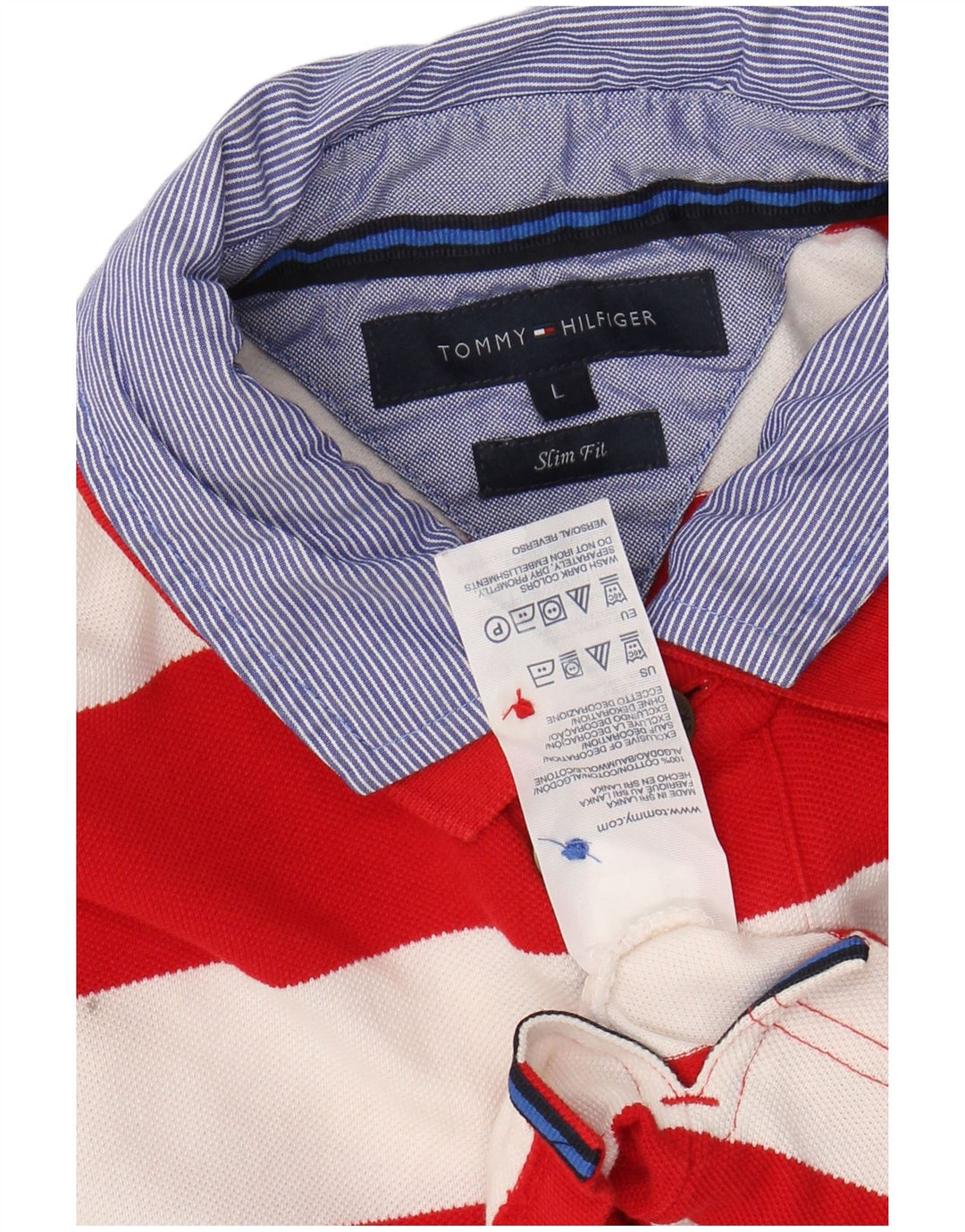 TOMMY HILFIGER Mens Slim Fit Rugby Polo Shirt Large Red Striped Cotton