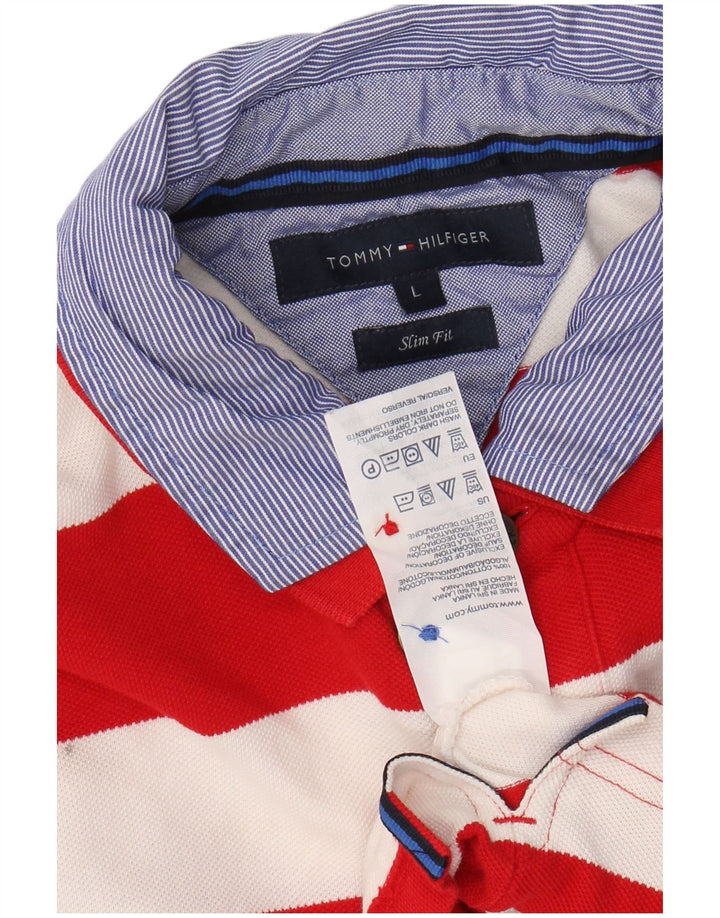 TOMMY HILFIGER Mens Slim Fit Rugby Polo Shirt Large Red Striped Cotton
