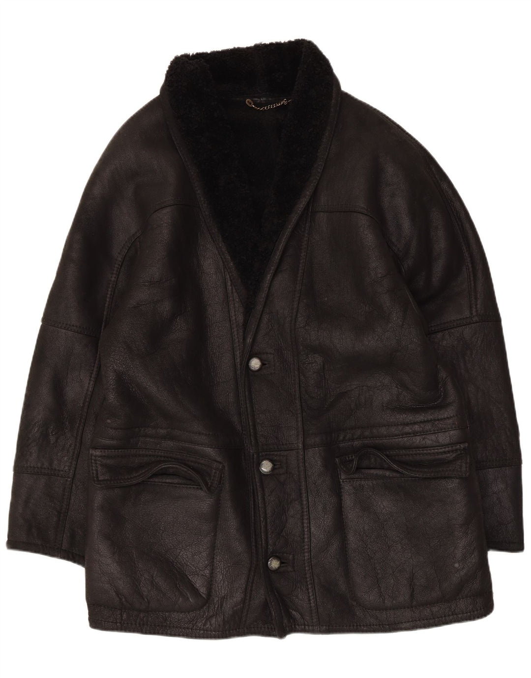 Vintage Mens Shearling Jacket IT 50 Large Black Leather