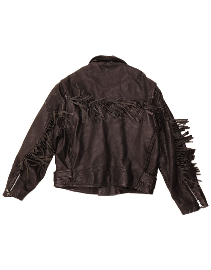 VINTAGE Womens Leather Biker Jacket UK 14 Medium Black Leather