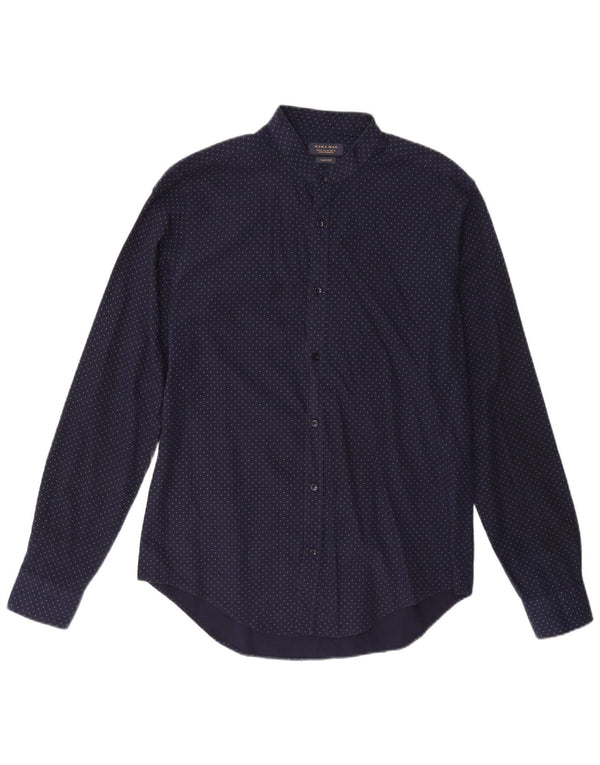 Zara Mens Slim Fit Shirt Medium Navy Blue Spotted Cotton