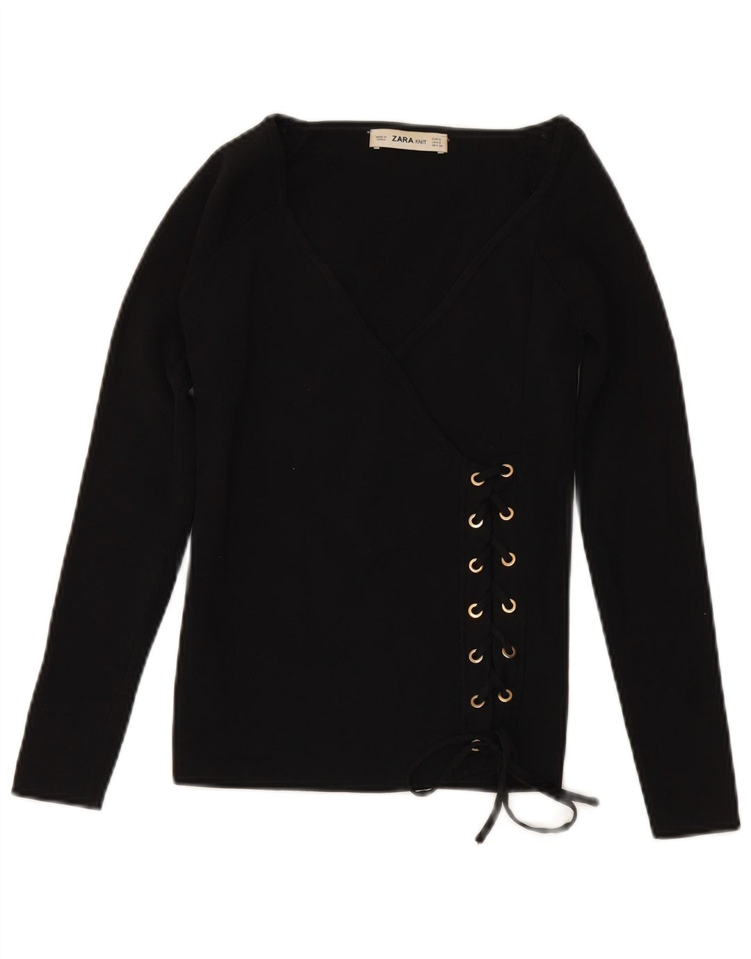 ZARA Womens 3/4 Sleeve V-Neck Jumper Sweater UK 10 Small Black Viscose