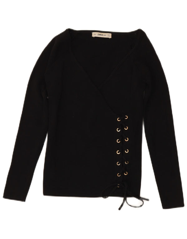 ZARA Womens 3/4 Sleeve V-Neck Jumper Sweater UK 10 Small Black Viscose