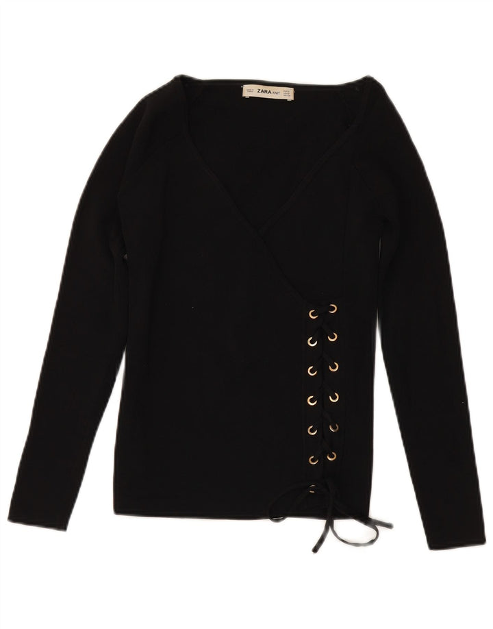 ZARA Womens 3/4 Sleeve V-Neck Jumper Sweater UK 10 Small Black Viscose