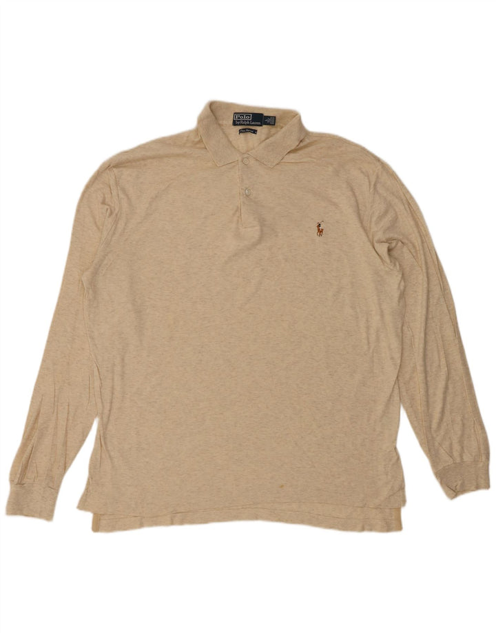POLO RALPH LAUREN Mens Long Sleeve Polo Shirt Large Beige Flecked Cotton