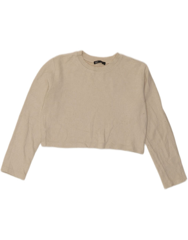 Zara Womens Crop Oversized Top Long Sleeve UK 10 Small Beige Cotton