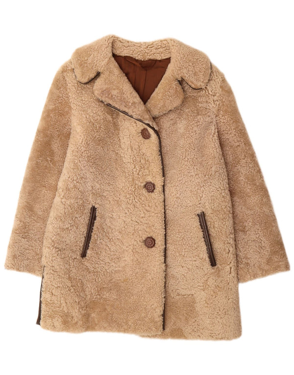 VINTAGE Womens Faux Fur Overcoat UK 14 Medium Beige