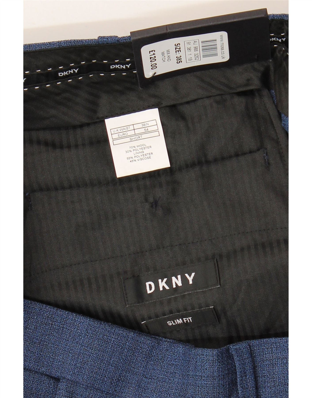 DKNY Mens Slim Fit Suit Trousers W38 L29 Blue Wool