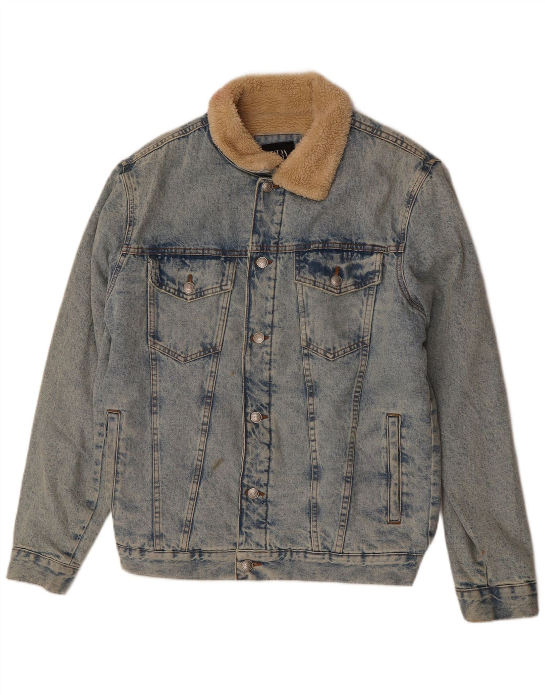 Zara Mens Denim Sherpa Jacket UK 40 Large Blue Polyester