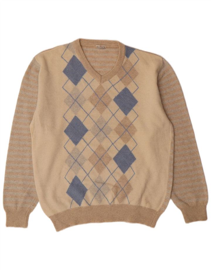 Vintage Mens V-Neck Jumper Sweater 2XL Beige Argyle/Diamond Lambswool