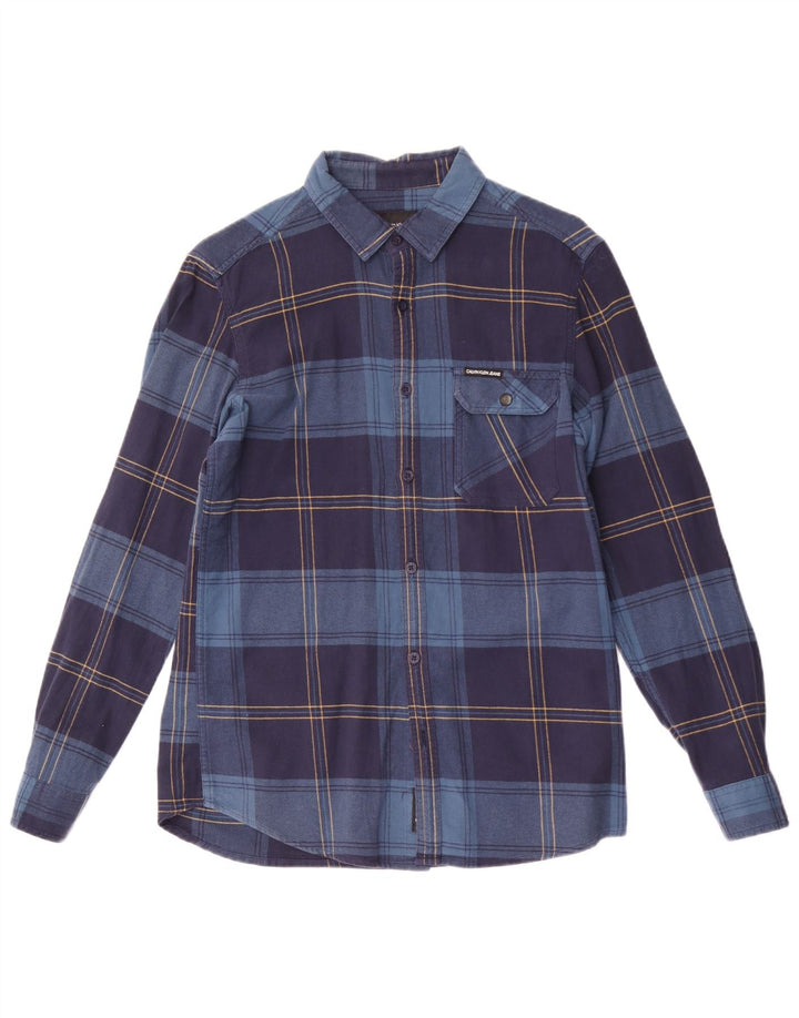 Calvin Klein Mens Slim Fit Flannel Shirt Medium Navy Blue Plaid Polyester