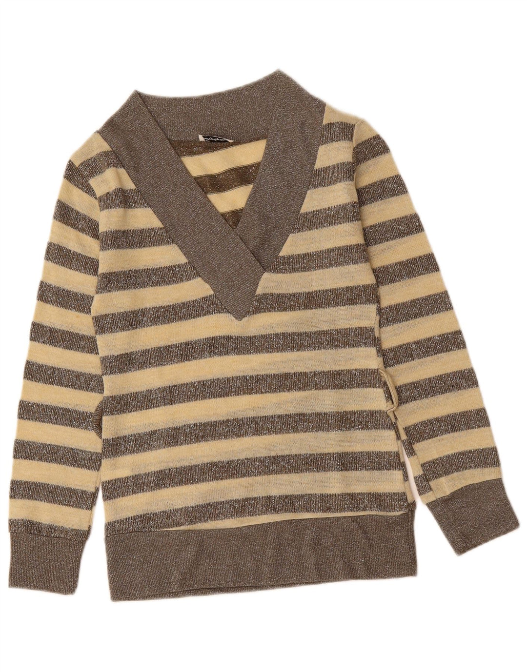 SOPHYLINE Womens V-Neck Jumper Sweater UK 8 Small Beige Striped Polyester
