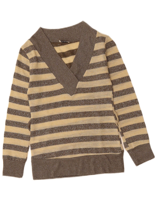 SOPHYLINE Womens V-Neck Jumper Sweater UK 8 Small Beige Striped Polyester