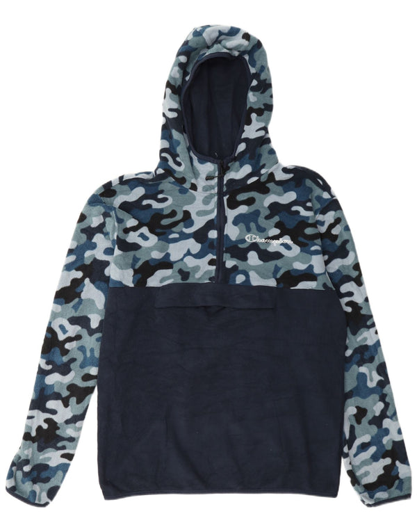 Champion Mens Hooded Zip Neck Fleece Jumper Large Navy Blue Camouflage