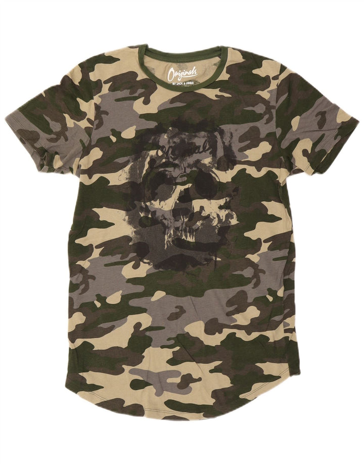 Jack & Jones Mens Graphic T-Shirt Top Medium Green Camouflage Cotton