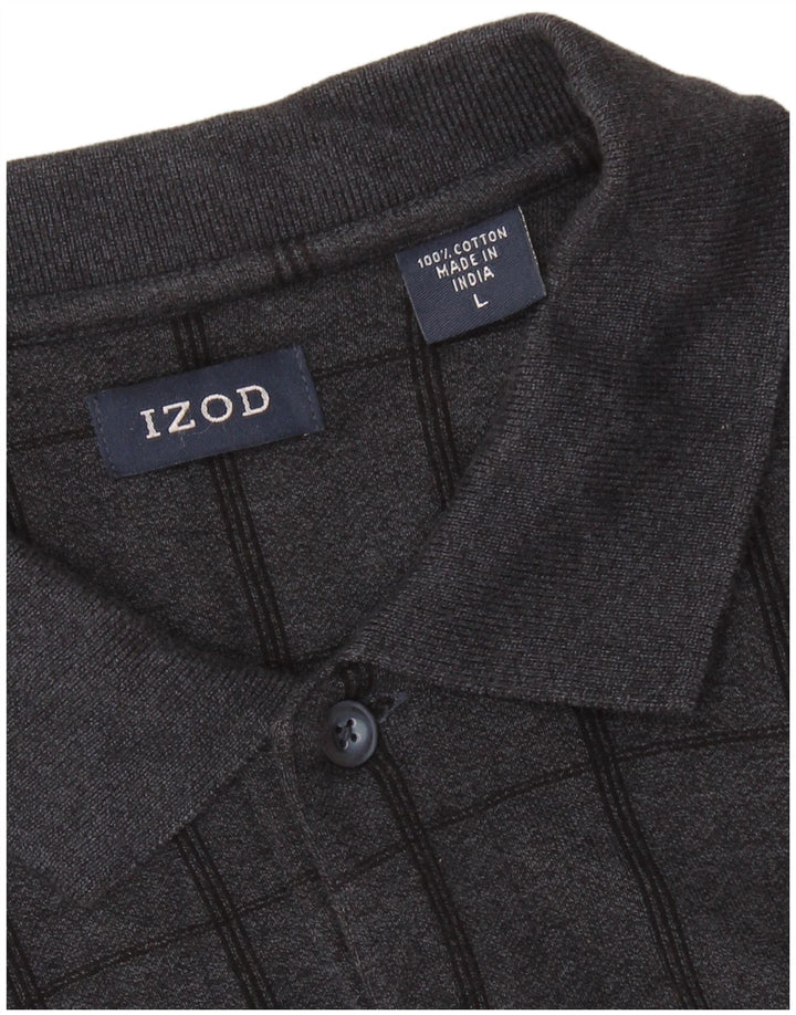 IZOD Mens Long Sleeve Polo Shirt Large Grey Check Cotton