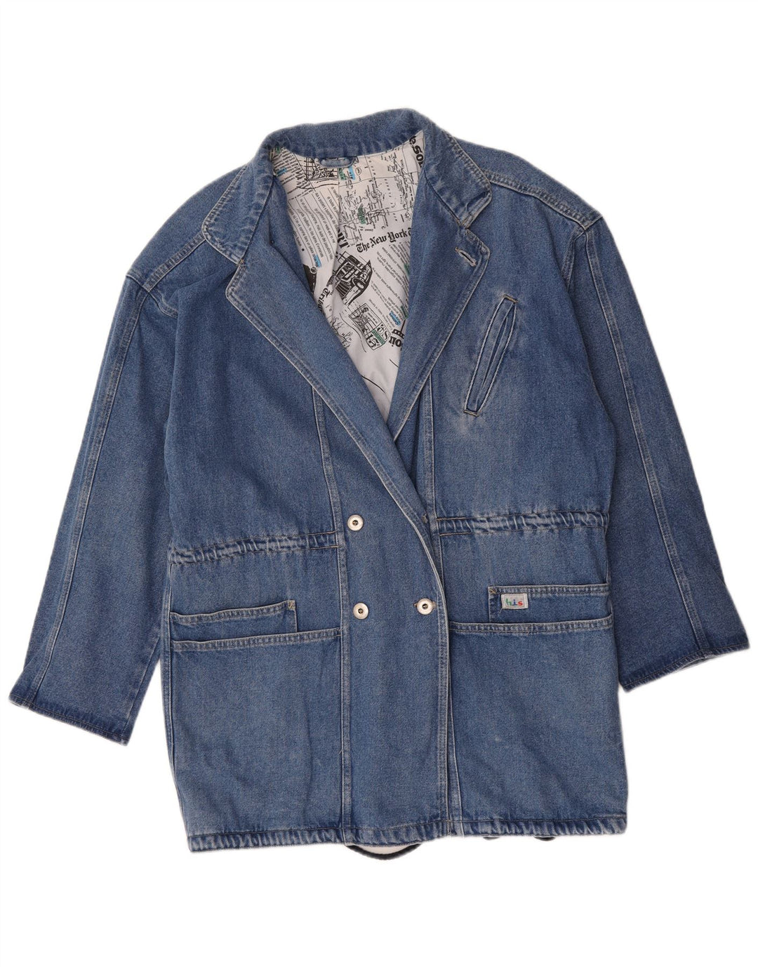 Vintage Womens Longline Double Breasted Blazer Jacket UK 16 Large Blue