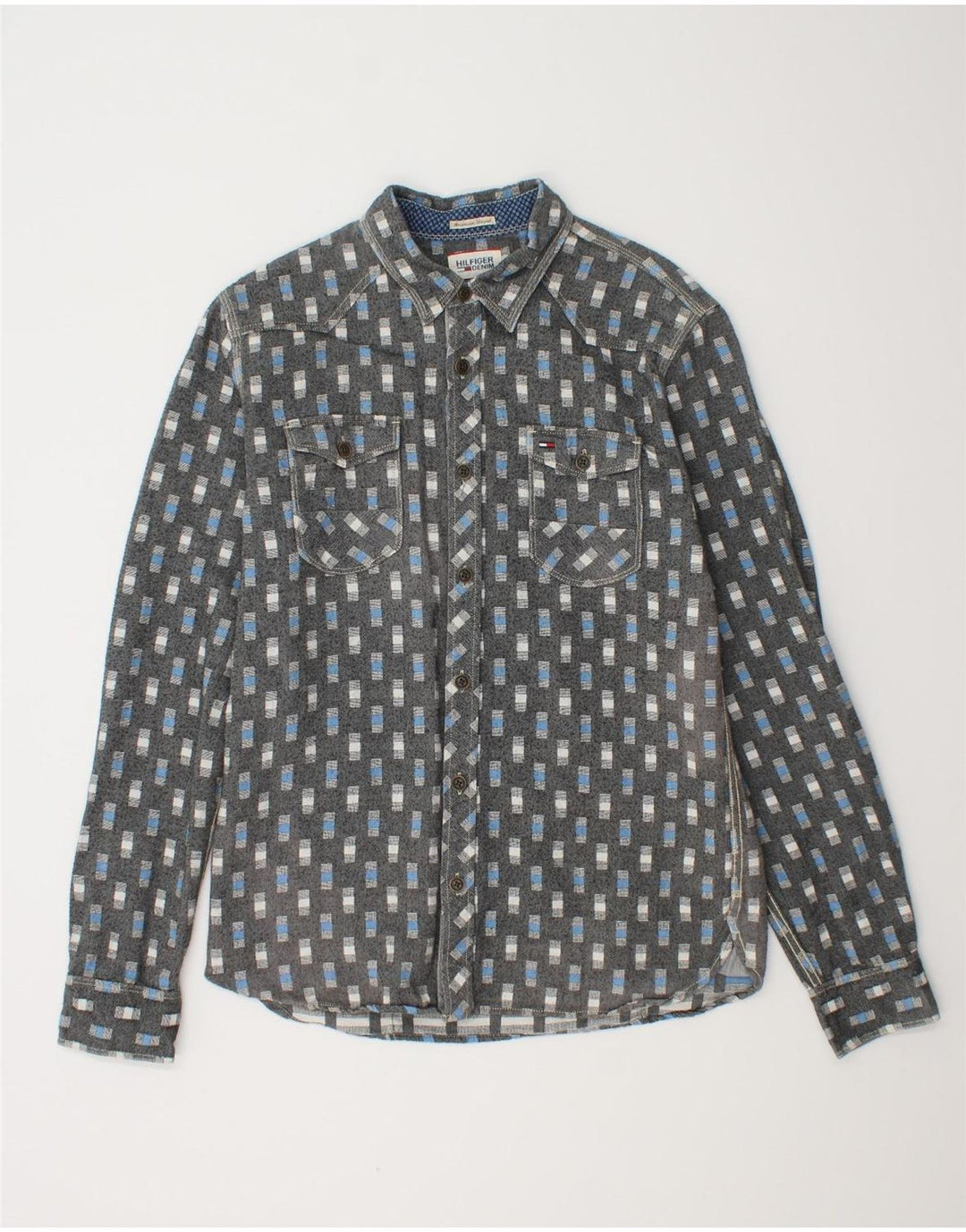 TOMMY HILFIGER Mens Shirt Large Grey Geometric Cotton
