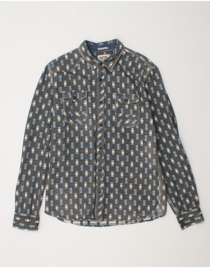 TOMMY HILFIGER Mens Shirt Large Grey Geometric Cotton