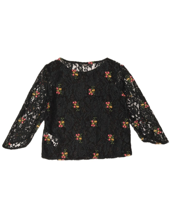 ZARA Womens 3/4 Sleeve Lace See Through Top UK 6 XS Navy Blue Floral