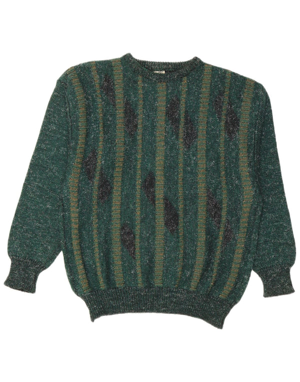Vintage Mens Crew Neck Jumper Sweater IT 50 Medium Green Striped