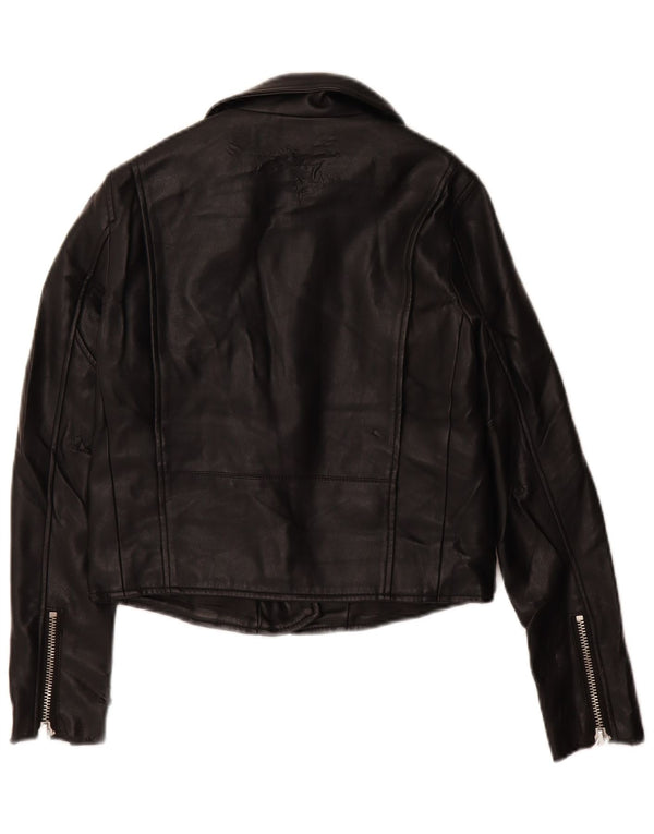 Zara Womens Faux Leather Biker Jacket UK 6 XS Black Polyurethane