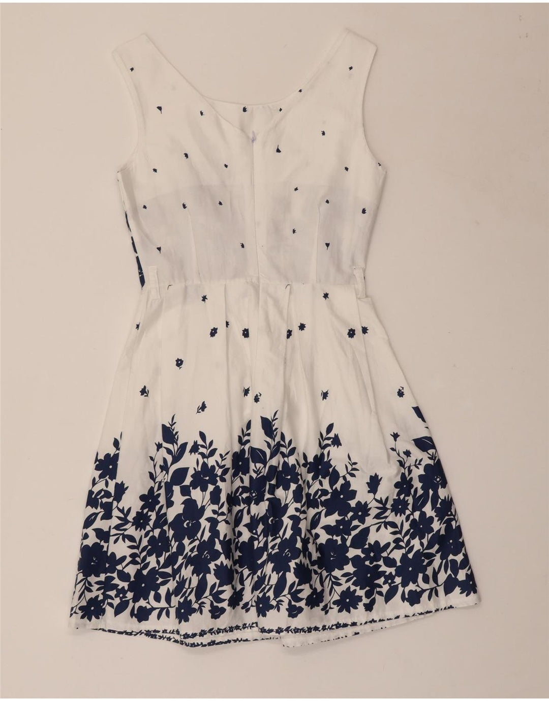 VINTAGE Womens Sleeveless A-Line Dress UK 8 Small White Floral Cotton