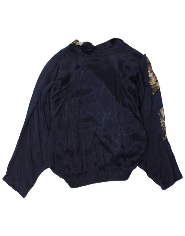 Vintage Womens Asymmetric Bomber Jacket UK 10 Small Navy Blue Animal Print