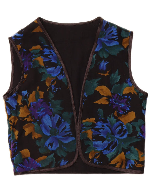 Vintage Womens OPEN Waistcoat UK 12 Medium Black Floral