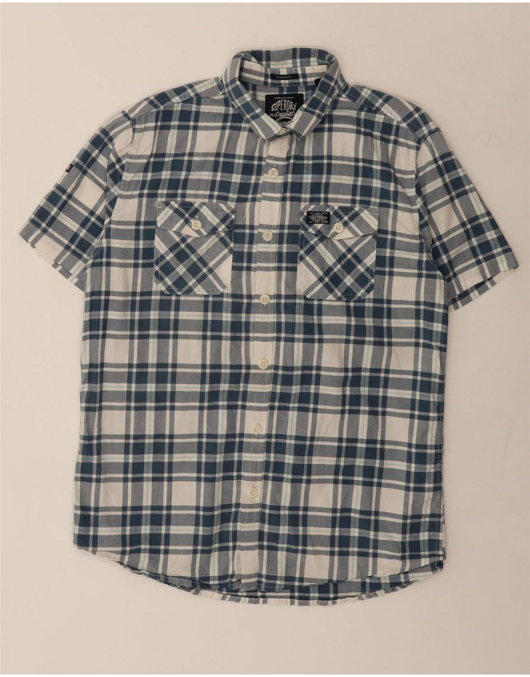 Superdry Mens Short Sleeve Shirt XL Blue Check Cotton