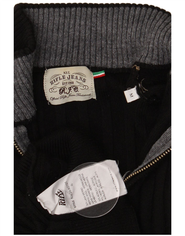 Rifle Mens Zip Neck Jumper Sweater Medium Black Merino Wool