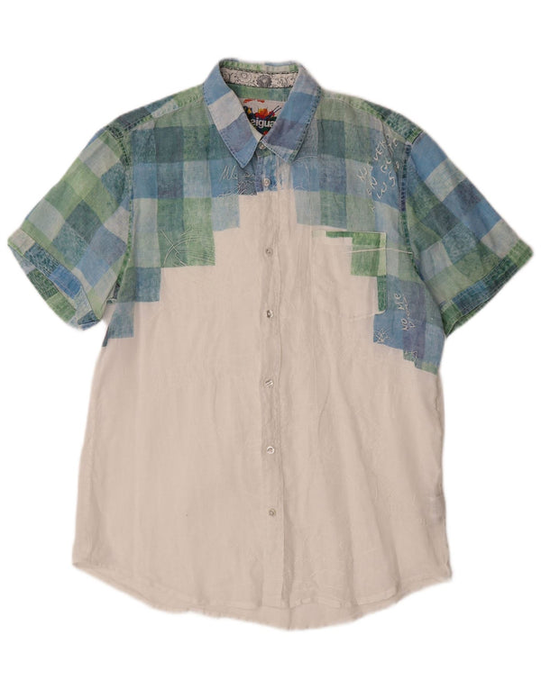 Desigual Mens Graphic Short Sleeve Shirt Large White Check Linen