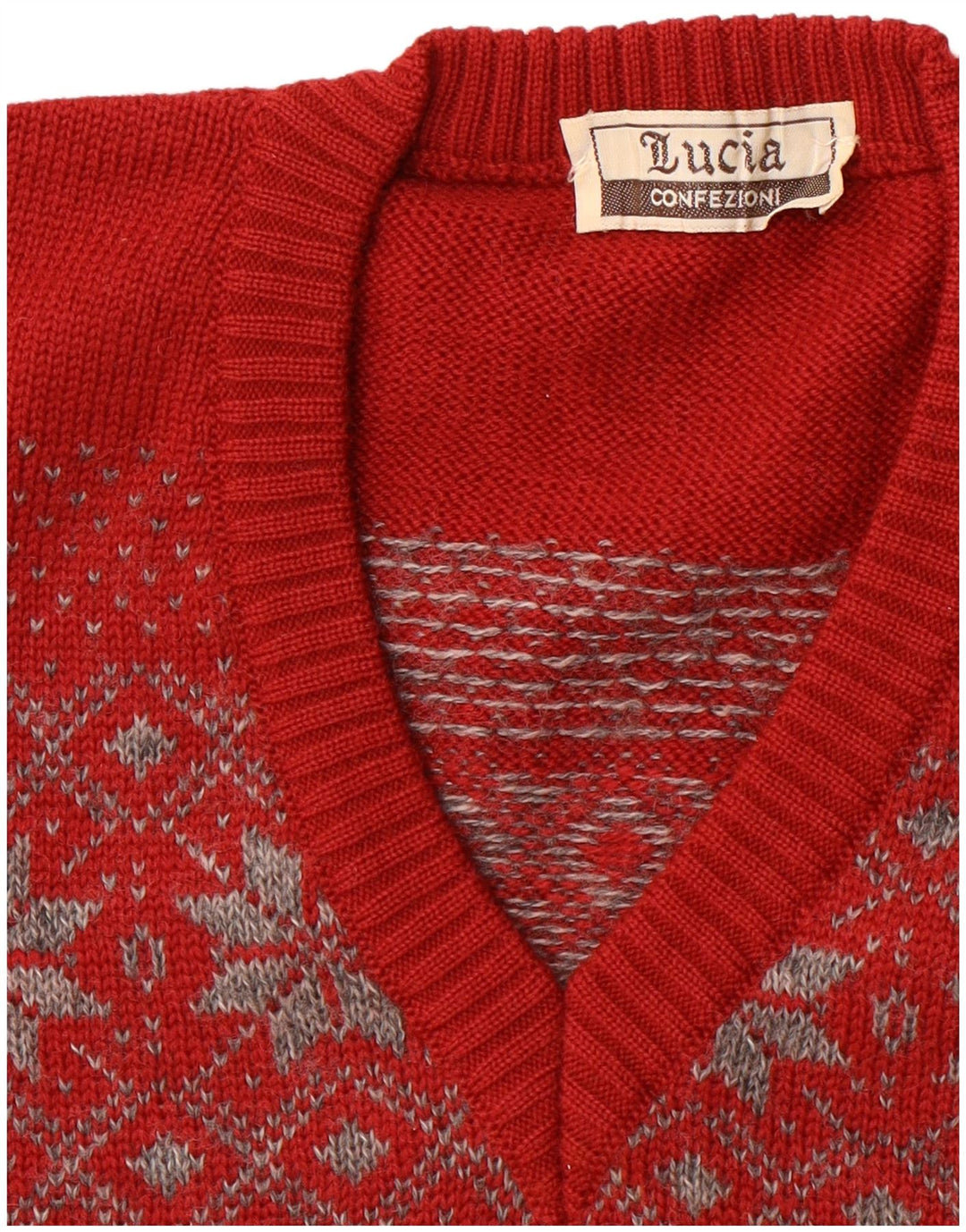 LUCIA Mens V-Neck Jumper Sweater Medium Red Fair Isle