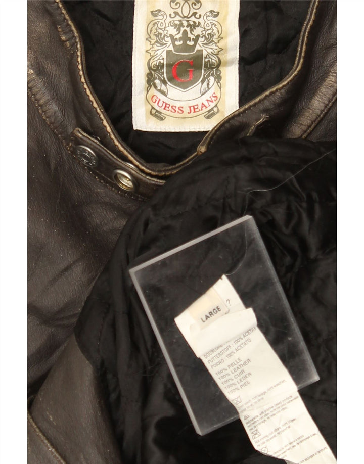 GUESS Mens Leather Racer Jacket UK 40 Large Brown Leather