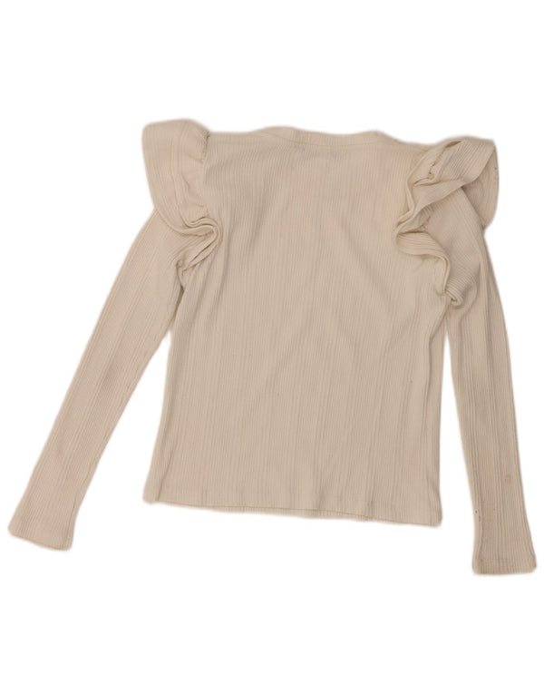 Zara Womens Ruffle Front Top Long Sleeve UK 10 Small Off White