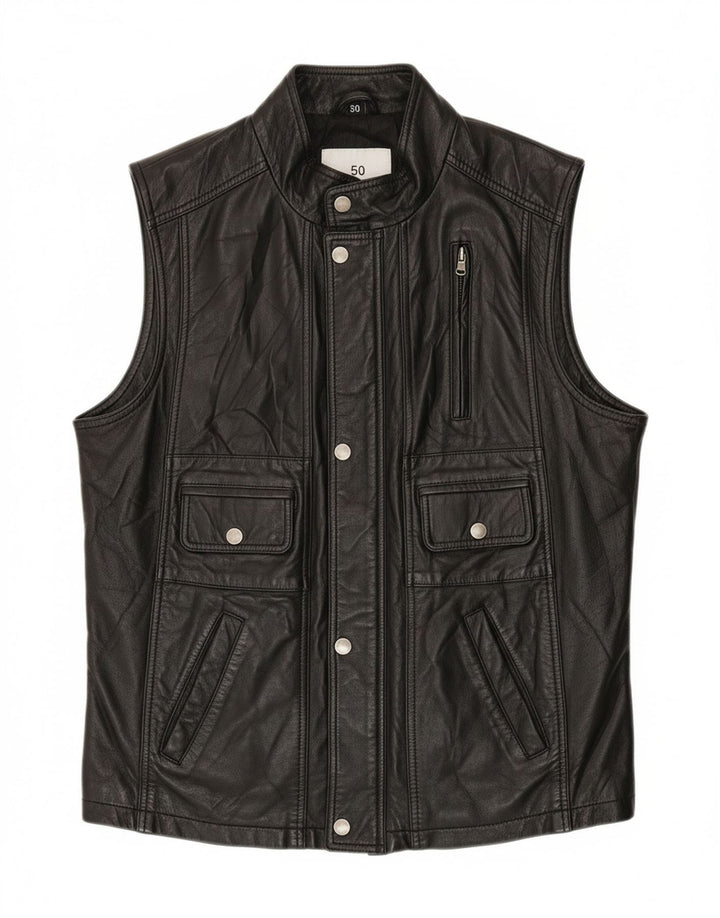 VINTAGE Mens Leather Gilet IT 50 Large Black Leather