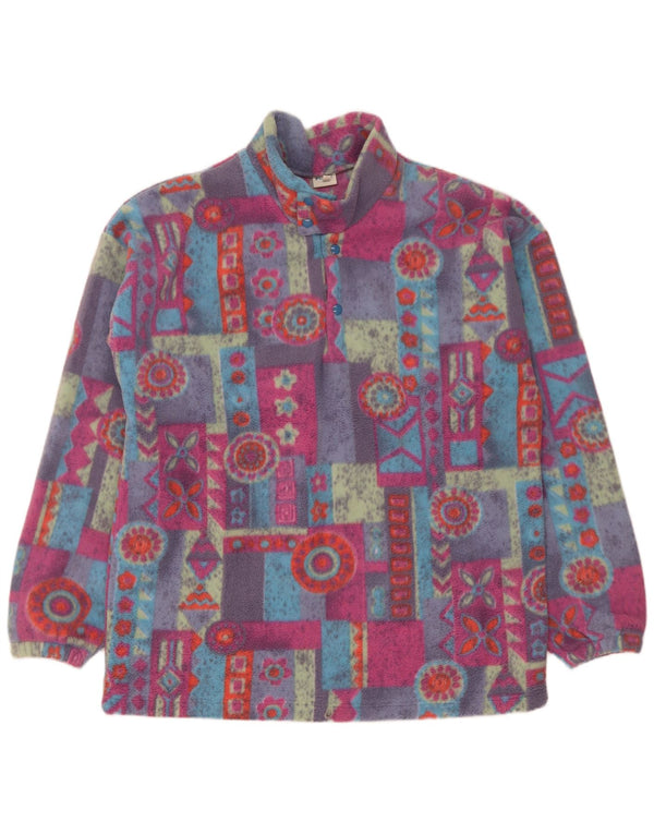 Vintage Mens Button Neck Fleece Jumper XL Multicoloured Geometric Polyester