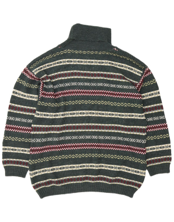 Vintage Mens Roll Neck Jumper Sweater Large Green Fair Isle