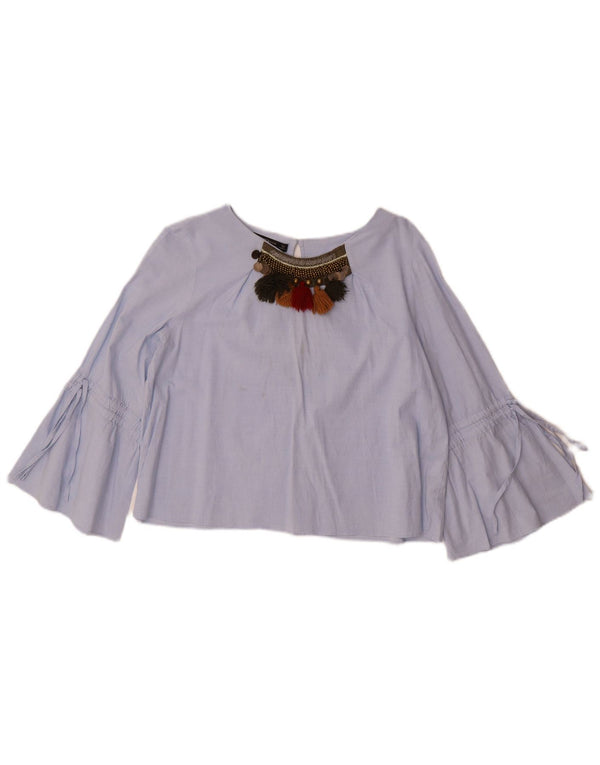 Zara Womens 3/4 Sleeve Crop Top UK 14 Medium Blue