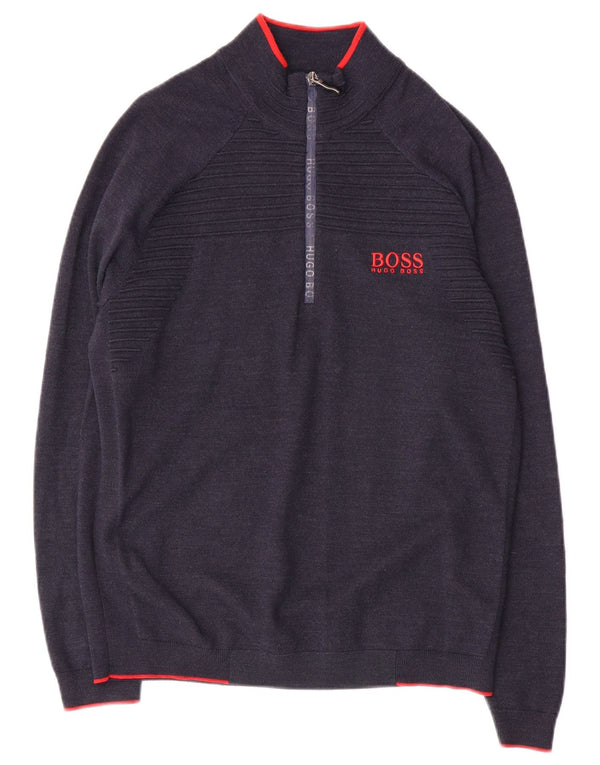 HUGO BOSS Mens Zip Neck Jumper Sweater Medium Navy Blue Polyester