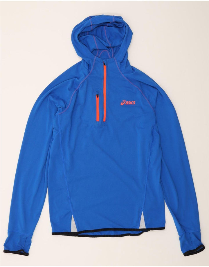 Asics Mens Hooded Zip Neck Top Long Sleeve Medium Blue Polyester