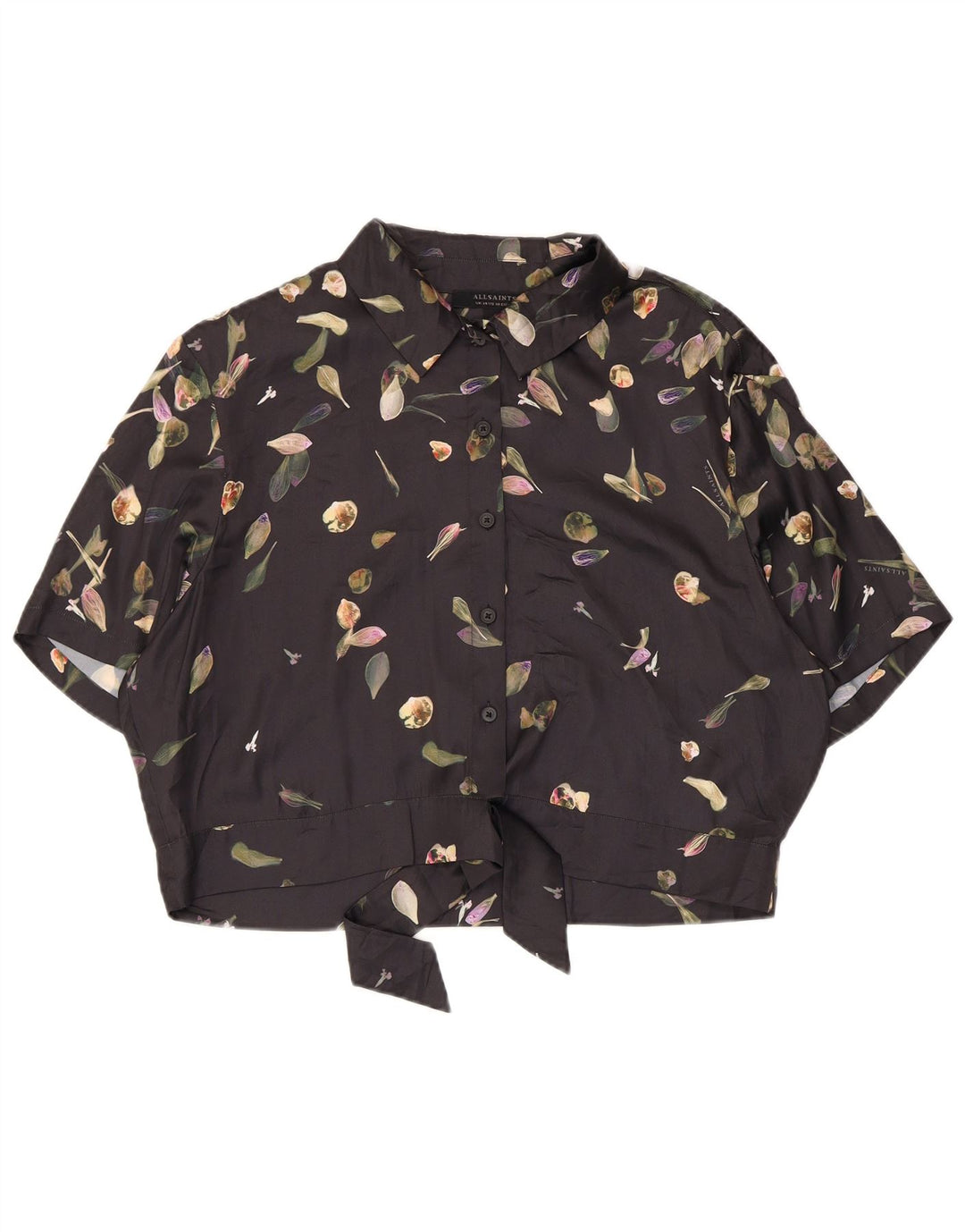 ALL SAINTS Womens Crop Front Tie Shirt Blouse UK 14 Large Black Floral