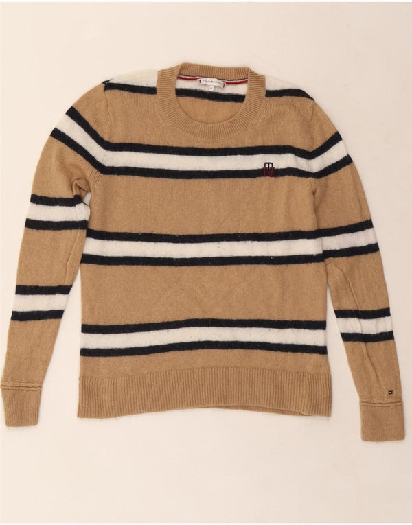 TOMMY HILFIGER Womens Crew Neck Jumper Sweater UK 12 Medium Beige Striped