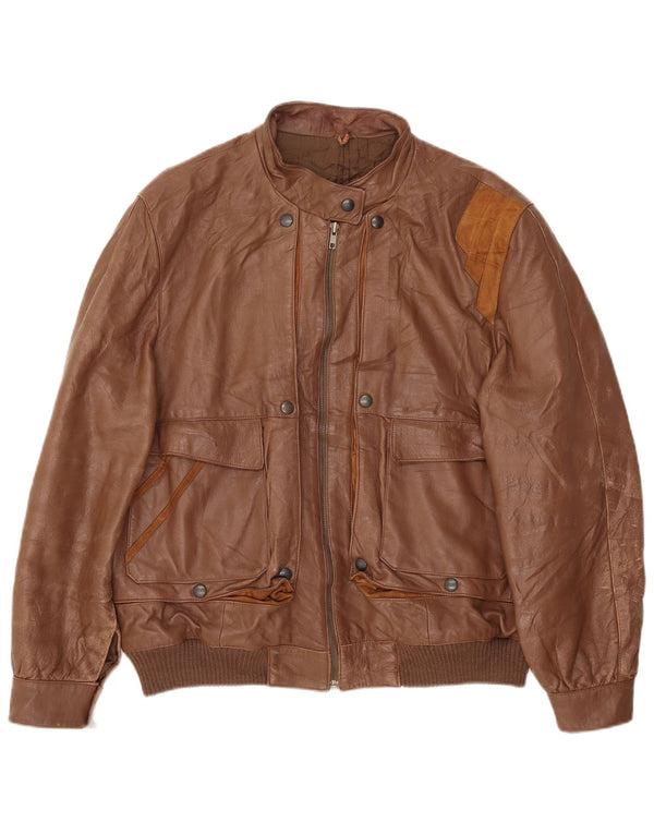 VINTAGE Womens Leather Jacket IT 48 XL Brown Leather